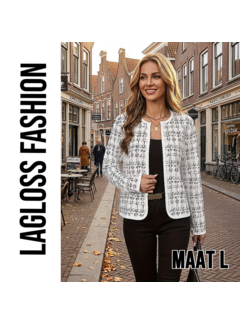 LaGloss Dames Geruite Cardigan Jas Wit met Lange Mouwen - Maat L