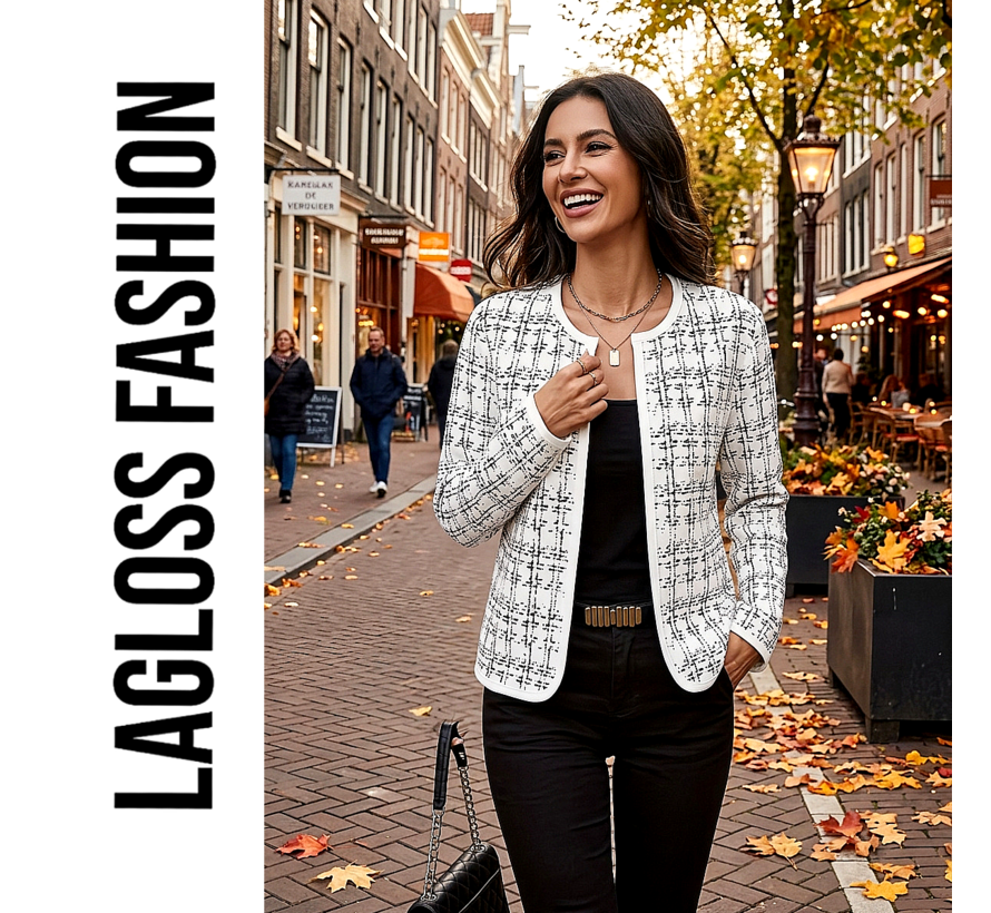 LaGloss© Dames Geruite Cardigan Jas Wit met Lange Mouwen – Elegant & Business Casual - Maat XL