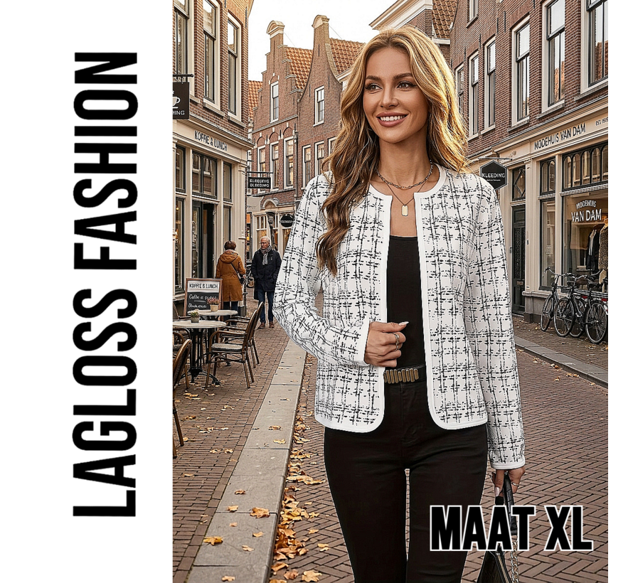 LaGloss© Dames Geruite Cardigan Jas Wit met Lange Mouwen – Elegant & Business Casual - Maat XL