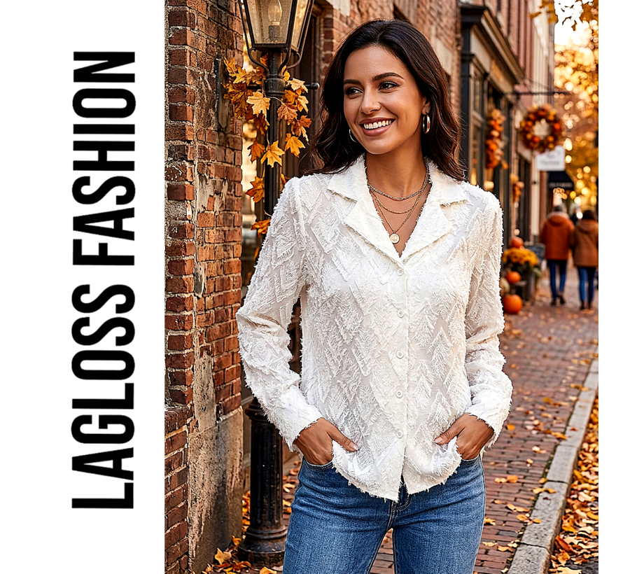 LaGloss® Elegante Effen Damesblouse met Revers – Lange Mouwen & Knoopsluiting - Maat S