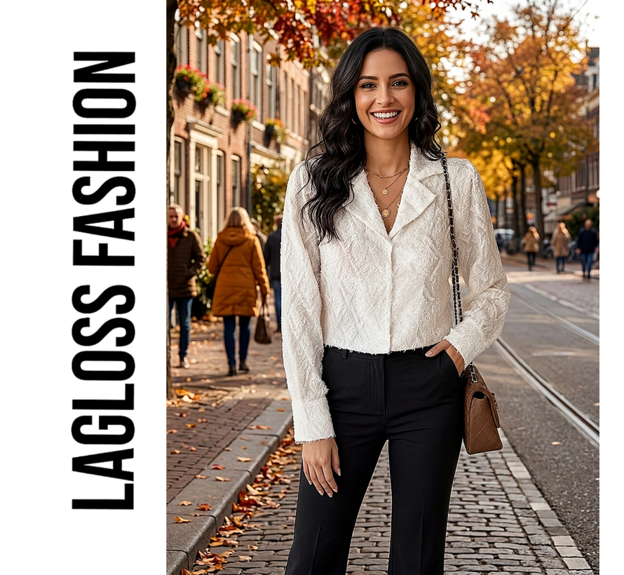 LaGloss® Elegante Effen Damesblouse met Revers – Lange Mouwen & Knoopsluiting - Maat S