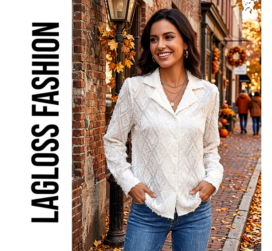 LaGloss® Elegante Effen Damesblouse met Revers – Lange Mouwen & Knoopsluiting - Maat M
