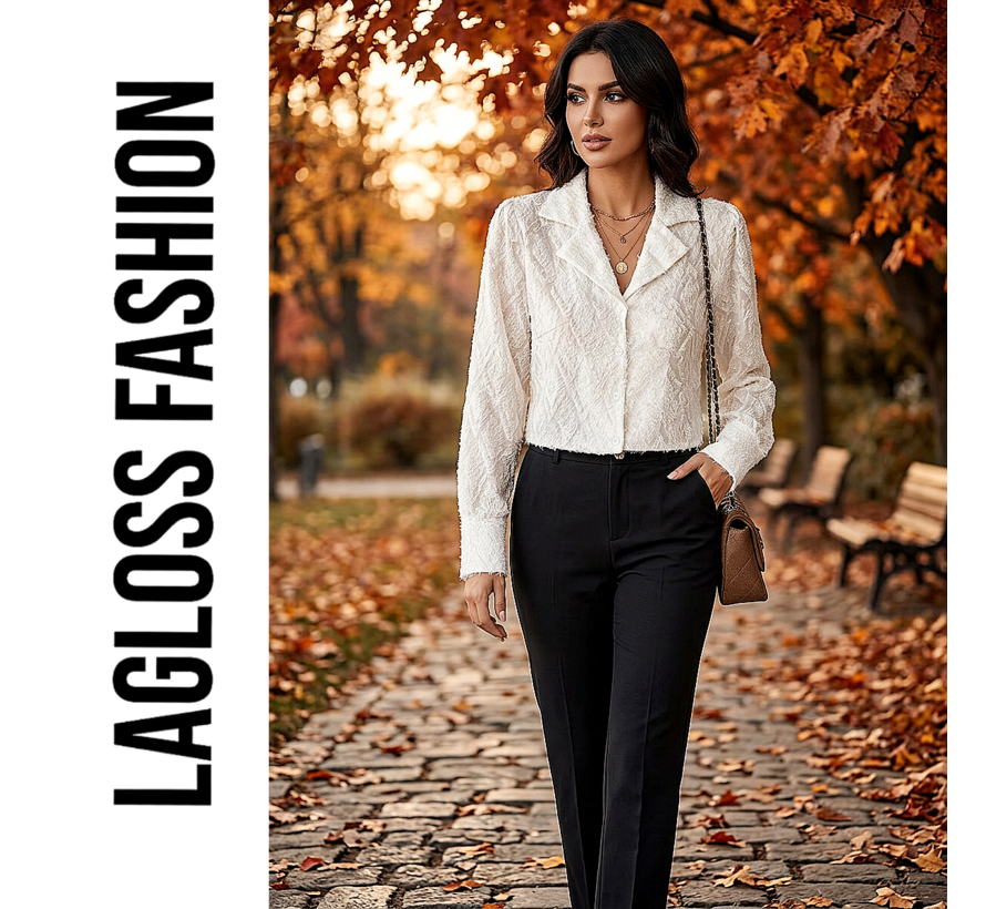 LaGloss® Elegante Effen Damesblouse met Revers – Lange Mouwen & Knoopsluiting - Maat M