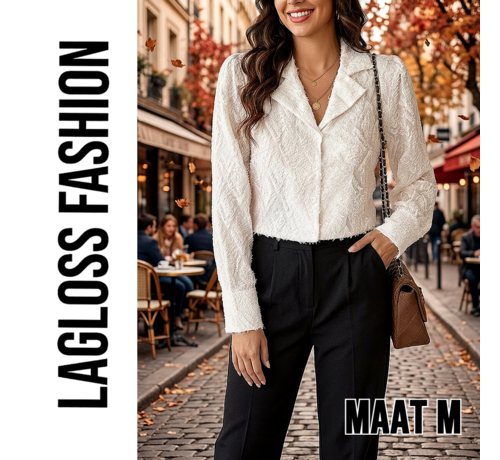 LaGloss LaGloss® Elegante Effen Damesblouse met Revers – Lange Mouwen & Knoopsluiting - Maat M