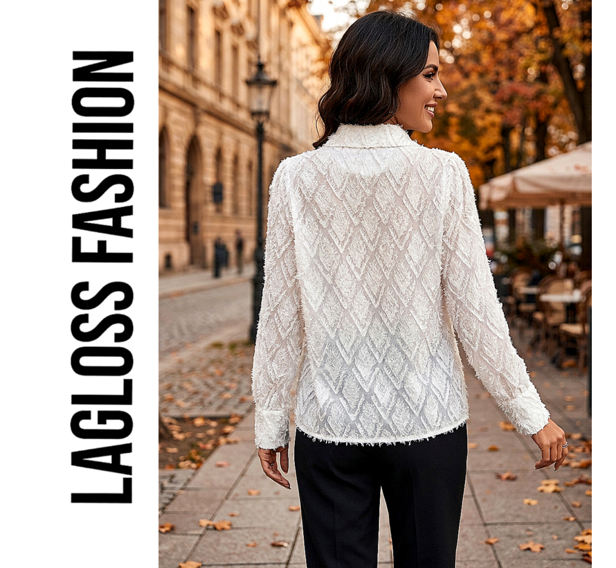 LaGloss® Elegante Effen Damesblouse met Revers – Lange Mouwen & Knoopsluiting - Maat L