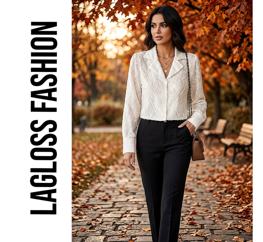 LaGloss® Elegante Effen Damesblouse met Revers – Lange Mouwen & Knoopsluiting - Maat L