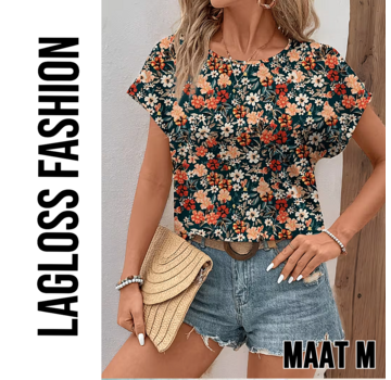 LaGloss Elegante All-Over Bloemen Blouse Dames met Ronde Hals – Maat M