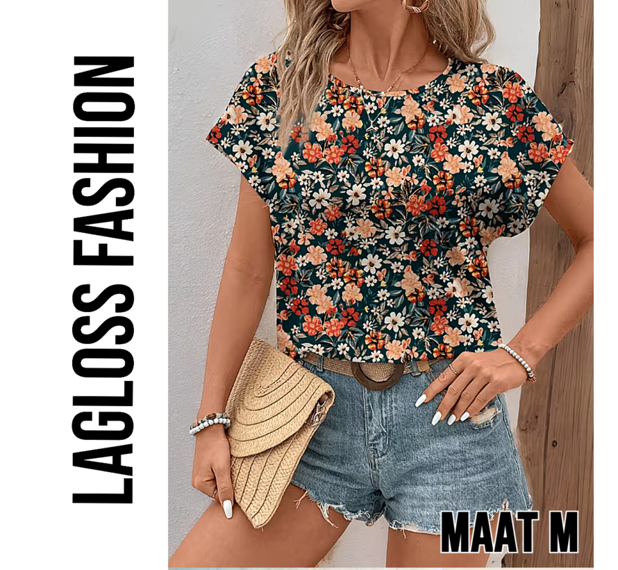 LaGloss® Elegante All-Over Bloemen Blouse Dames met Ronde Hals – Maat M