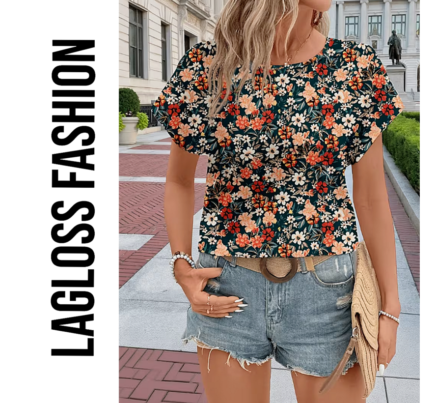 LaGloss® Elegante All-Over Bloemen Blouse Dames met Ronde Hals – Maat M