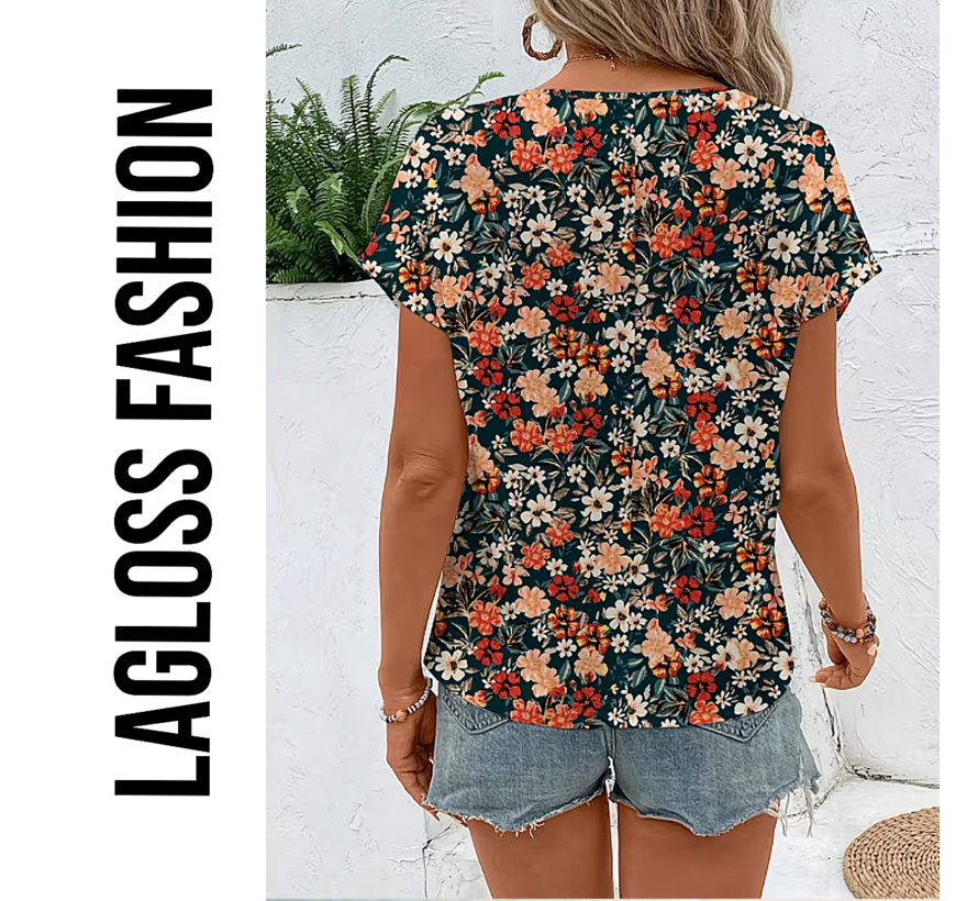 LaGloss® Elegante All-Over Bloemen Blouse Dames met Ronde Hals – Maat L