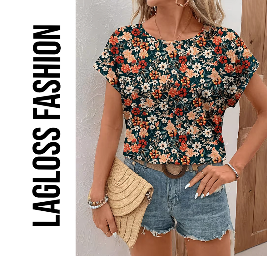 LaGloss® Elegante All-Over Bloemen Blouse Dames met Ronde Hals – Maat L