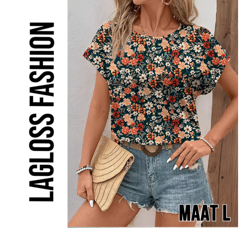 LaGloss LaGloss® Elegante All-Over Bloemen Blouse Dames met Ronde Hals – Maat L