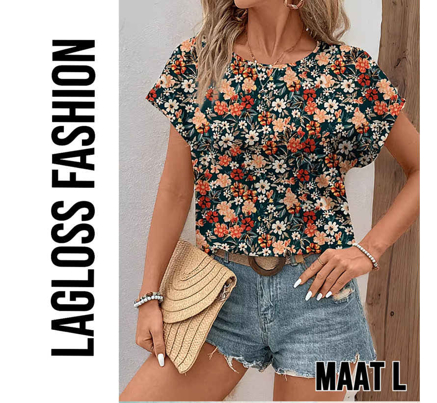 LaGloss® Elegante All-Over Bloemen Blouse Dames met Ronde Hals – Maat L