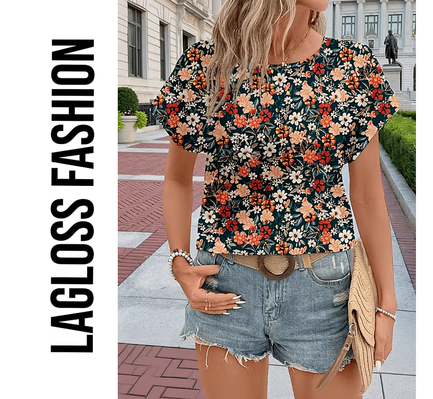 LaGloss® Elegante All-Over Bloemen Blouse Dames met Ronde Hals – Maat XL