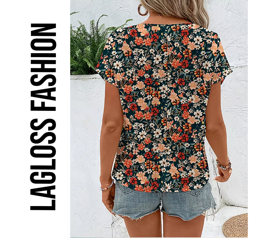 LaGloss® Elegante All-Over Bloemen Blouse Dames met Ronde Hals – Maat XL