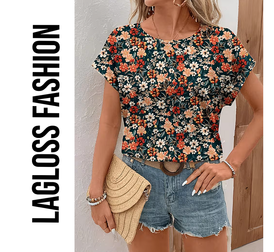LaGloss® Elegante All-Over Bloemen Blouse Dames met Ronde Hals – Maat XL