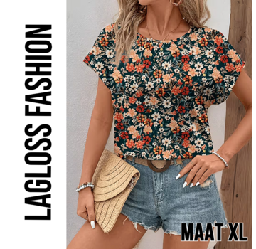 LaGloss Elegante All-Over Bloemen Blouse Dames met Ronde Hals – Maat XL