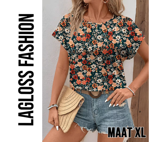 LaGloss LaGloss® Elegante All-Over Bloemen Blouse Dames met Ronde Hals – Maat XL