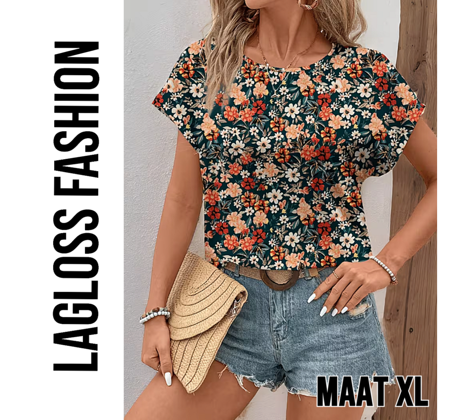 LaGloss® Elegante All-Over Bloemen Blouse Dames met Ronde Hals – Maat XL