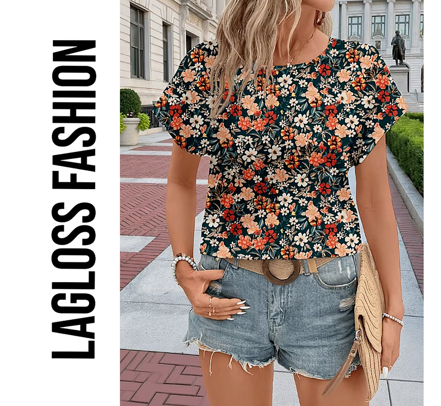 LaGloss® Elegante All-Over Bloemen Blouse Dames met Ronde Hals – Maat XXL