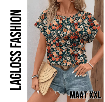 LaGloss Elegante All-Over Bloemen Blouse Dames met Ronde Hals – Maat XXL