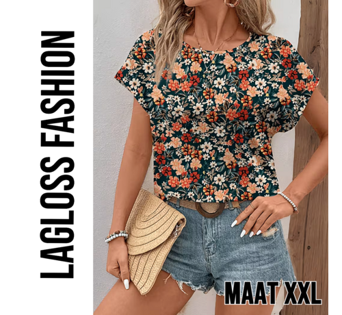LaGloss LaGloss® Elegante All-Over Bloemen Blouse Dames met Ronde Hals – Maat XXL