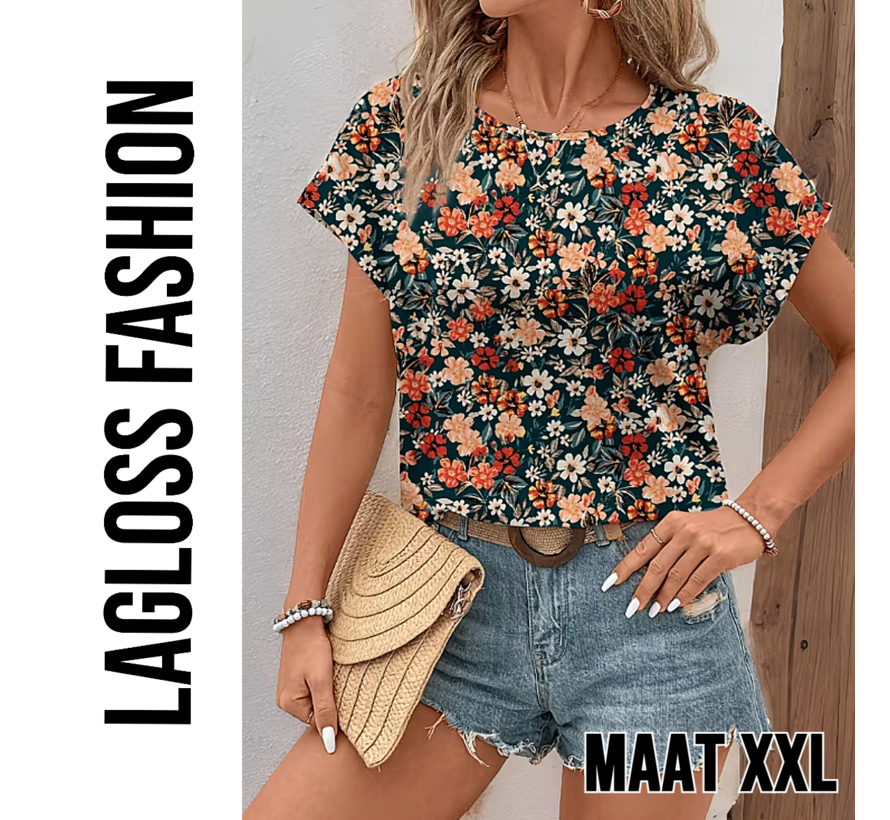 LaGloss® Elegante All-Over Bloemen Blouse Dames met Ronde Hals – Maat XXL