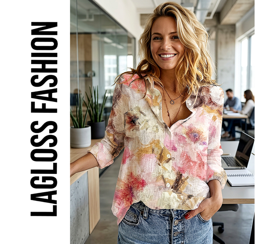 LaGloss® Dames Blouse met Pastel Bloemenprint en Lange Mouwen - Maat M