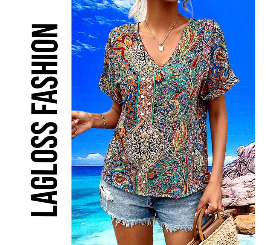 LaGloss® Dames Paisley-Print Blouse met V-Hals – Elegante Losse Zomertop – Satijnachtige Stof en Korte Mouwen – Casual Chic – Maat L