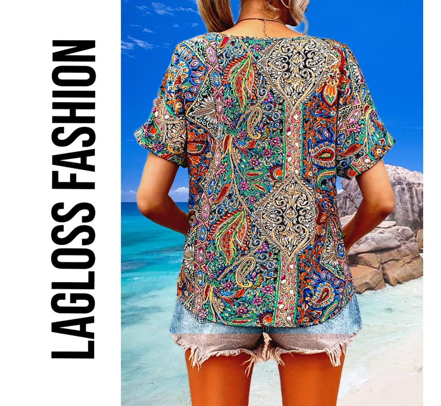 LaGloss® Dames Paisley-Print Blouse met V-Hals – Elegante Losse Zomertop – Satijnachtige Stof en Korte Mouwen – Casual Chic – Maat L