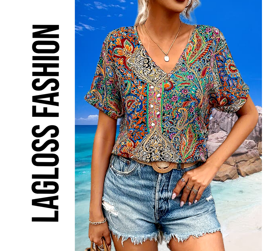 LaGloss® Dames Paisley-Print Blouse met V-Hals – Elegante Losse Zomertop – Satijnachtige Stof en Korte Mouwen – Casual Chic – Maat L