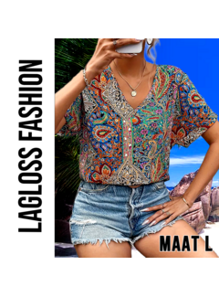 LaGloss Dames Paisley-Print Blouse met V-Hals – Maat L
