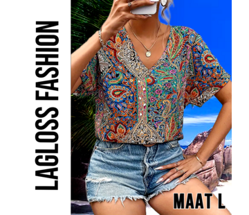 LaGloss Dames Paisley-Print Blouse met V-Hals – Maat L