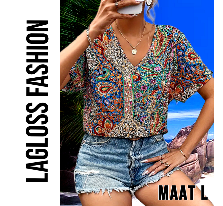 LaGloss® Dames Paisley-Print Blouse met V-Hals – Elegante Losse Zomertop – Satijnachtige Stof en Korte Mouwen – Casual Chic – Maat L