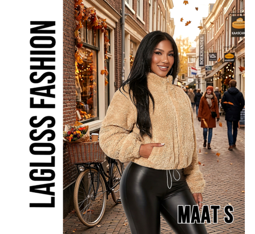 LaGloss LaGloss® Beige Teddy Jas Dames – Warme Korte Winterjas met Hoge Kraag, Rits & Trekkoord – Maat S