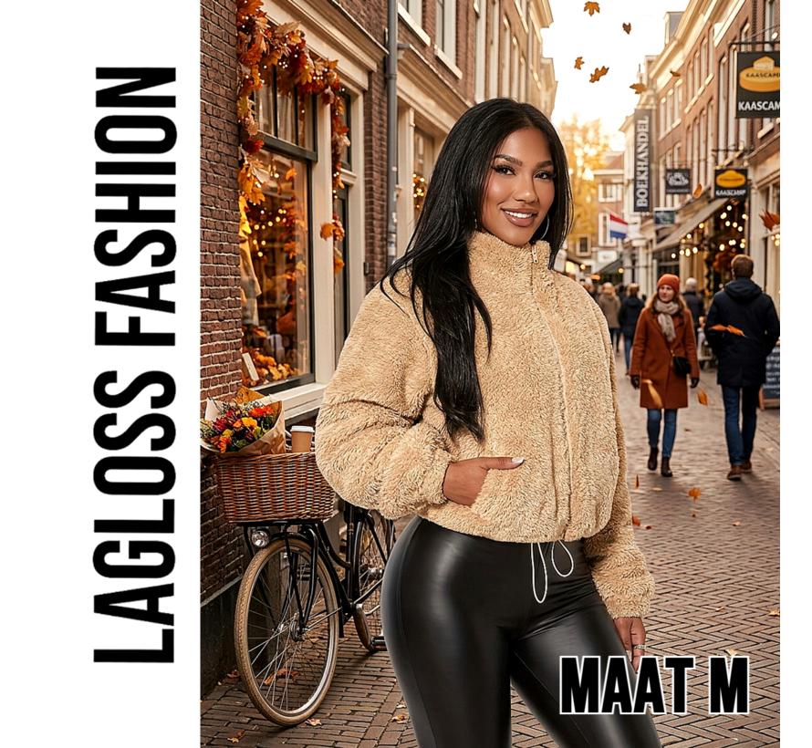 LaGloss® Beige Teddy Jas Dames – Warme Korte Winterjas met Hoge Kraag, Rits & Trekkoord – Maat M