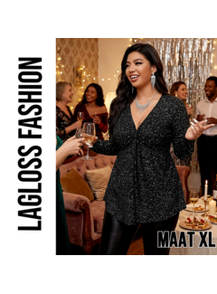 LaGloss Dames Pailletten Top met Elegante V-Hals en Lange Mouwen - Maat XL