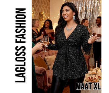 LaGloss Dames Pailletten Top met Elegante V-Hals en Lange Mouwen - Maat XL