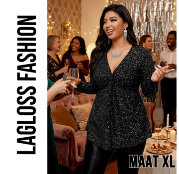 LaGloss Dames Pailletten Top met Elegante V-Hals en Lange Mouwen - Maat XL