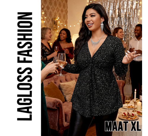 LaGloss LaGloss® Plus Size Dames Pailletten Top met Elegante V-Hals en Lange Mouwen - Maat XL