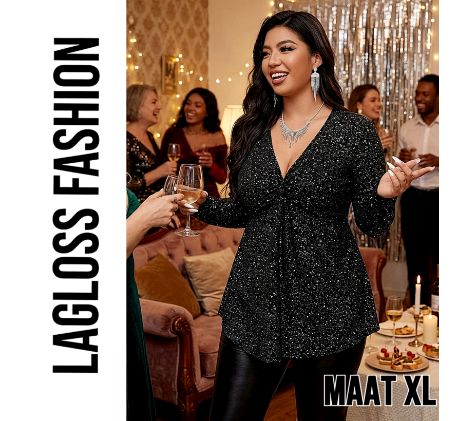 LaGloss® Plus Size Dames Pailletten Top met Elegante V-Hals en Lange Mouwen - Maat XL