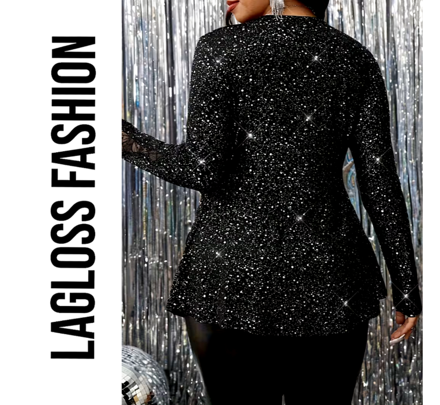 LaGloss® Plus Size Dames Pailletten Top met Elegante V-Hals en Lange Mouwen - Maat XL