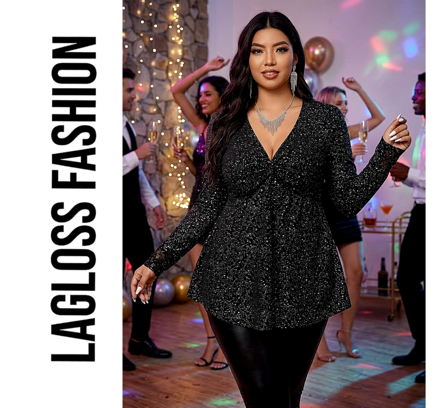 LaGloss® Plus Size Dames Pailletten Top met Elegante V-Hals en Lange Mouwen - Maat XXL