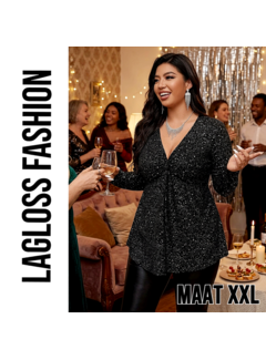 LaGloss Dames Pailletten Top met Elegante V-Hals en Lange Mouwen - Maat XXL