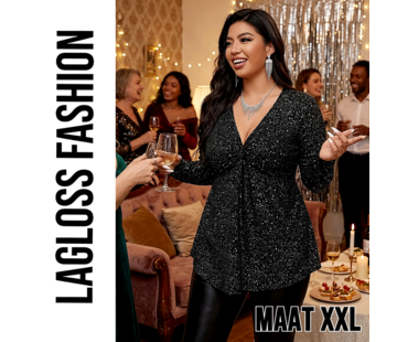LaGloss Dames Pailletten Top met Elegante V-Hals en Lange Mouwen - Maat XXL