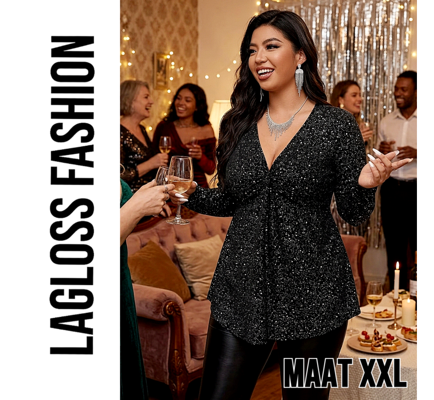 LaGloss® Plus Size Dames Pailletten Top met Elegante V-Hals en Lange Mouwen - Maat XXL