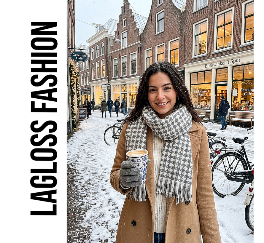 LaGloss® Geruite Sjaal Dames Grijs Wit Pied-de-Poule – Warme Wintersjaal met Franjes – 190 x 27 cm