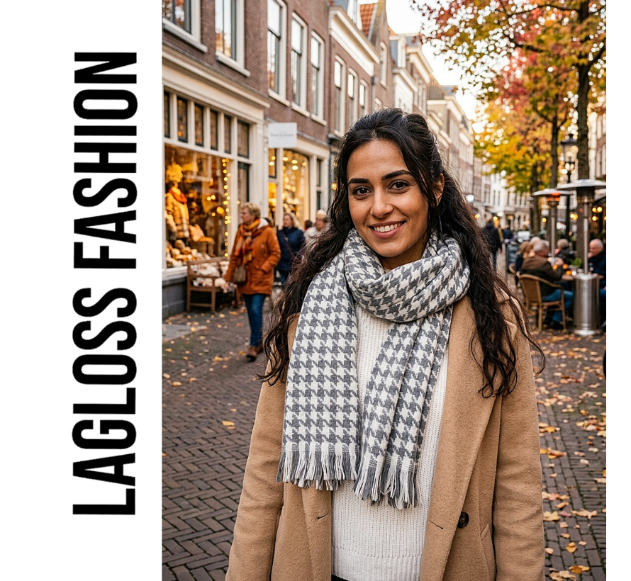 LaGloss® Geruite Sjaal Dames Grijs Wit Pied-de-Poule – Warme Wintersjaal met Franjes – 190 x 27 cm