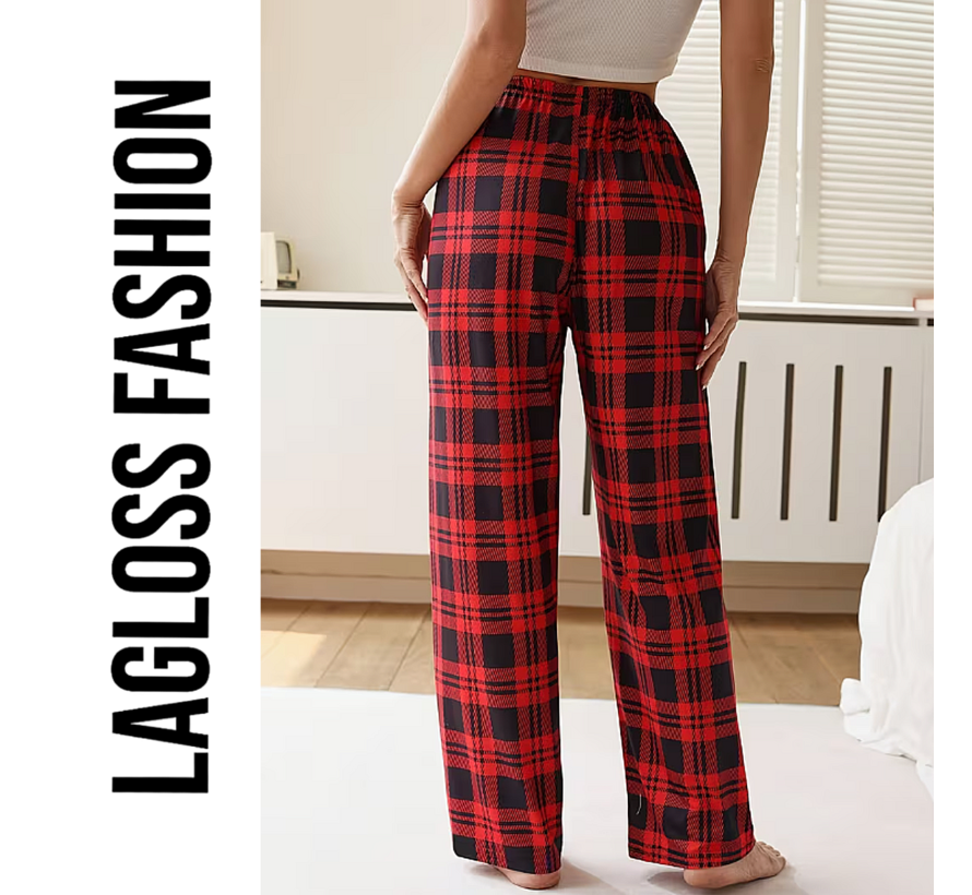 LaGloss® Pyjamabroek Dames Rood Zwart Geruit met Elastische Taille & Trekkoord – Maat M