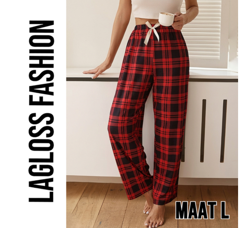 LaGloss LaGloss® Pyjamabroek Dames Rood Zwart Geruit met Elastische Taille & Trekkoord – Maat L